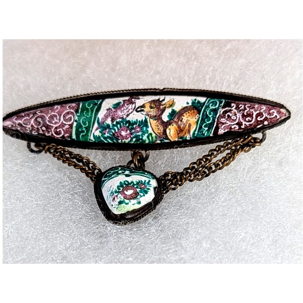 Antique Hand Painted Enamel Deer Bird Brooch Heart Dangle Chain Bar Pin 1910s